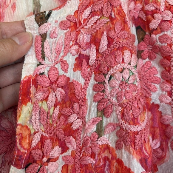 Amaya Pink White Hand Embroidered Peony Floral Split Neck Lightweight Dress 38/S - Picture 13 of 17